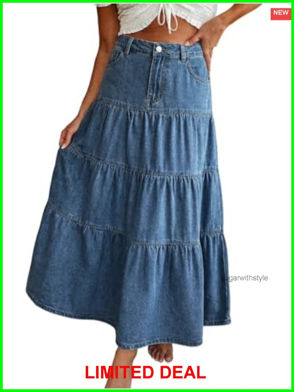 EMMIOL Long Denim Skirt Women High Waisted A-Line Maxi Tiered Swing Pockets